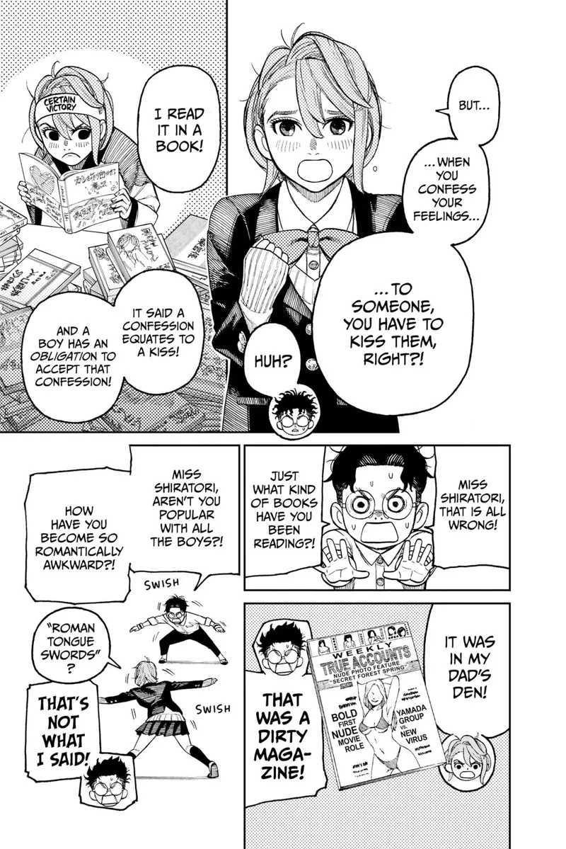 Aira confesses his feelings for Okarun and says that she must kiss him. Aira reveals she's reading an adult magazine.