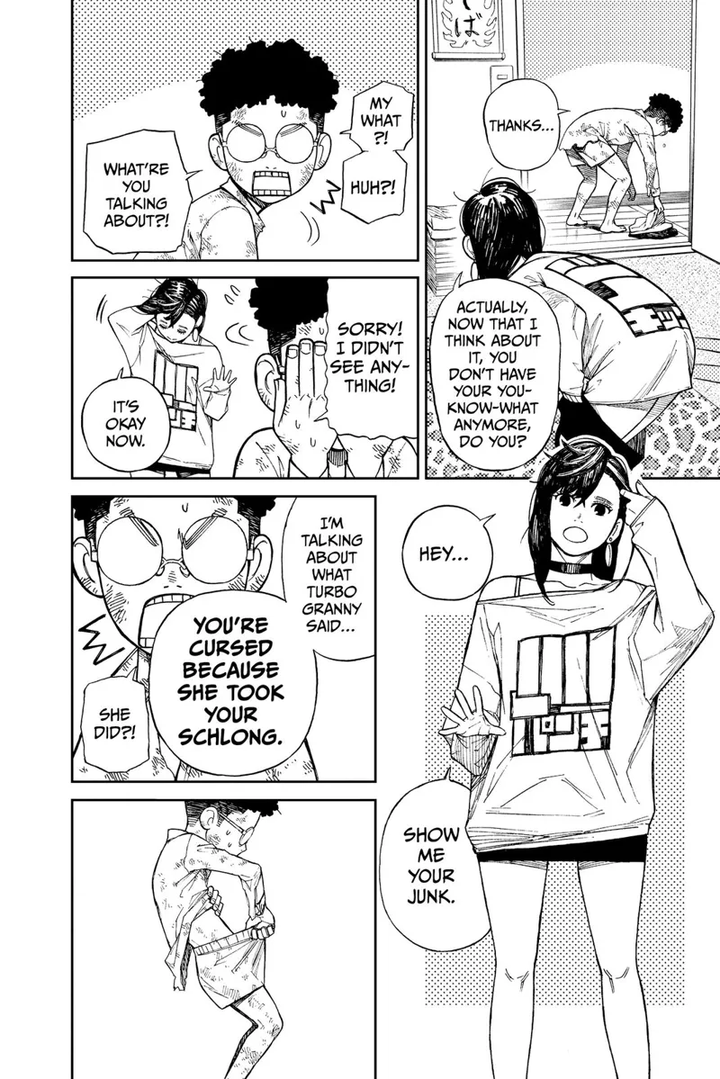 Ayase changes her clothes. Okarun checks under his shorts to see if his penis is still there.