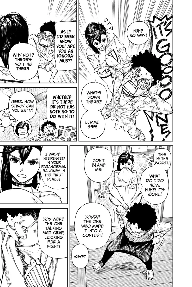 Okarun panics after discovering his penis is gone. Ayase wants to see it, but Okarun refuses.