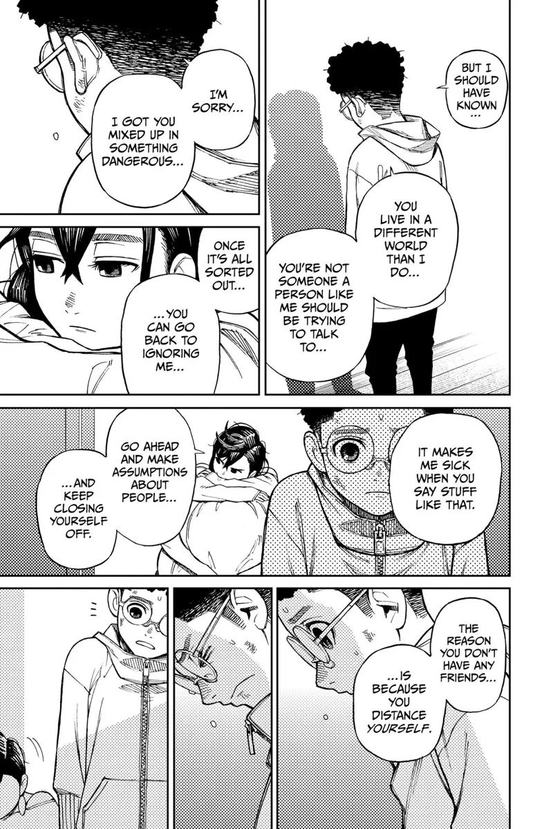 Okarun turns his back to Ayase, who now hugs her pillow. Ayase says he doesn't have friends because he doesn't open up.