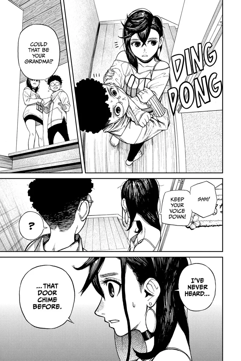 Ayase and Okarun hear the door chime. He thinks it's her grandma, but Ayase says she has never heard that door chime before.