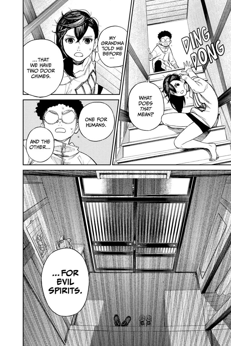 Ayase crouches as she goes down the stairs and approaches the door. She says they have two door chimes.