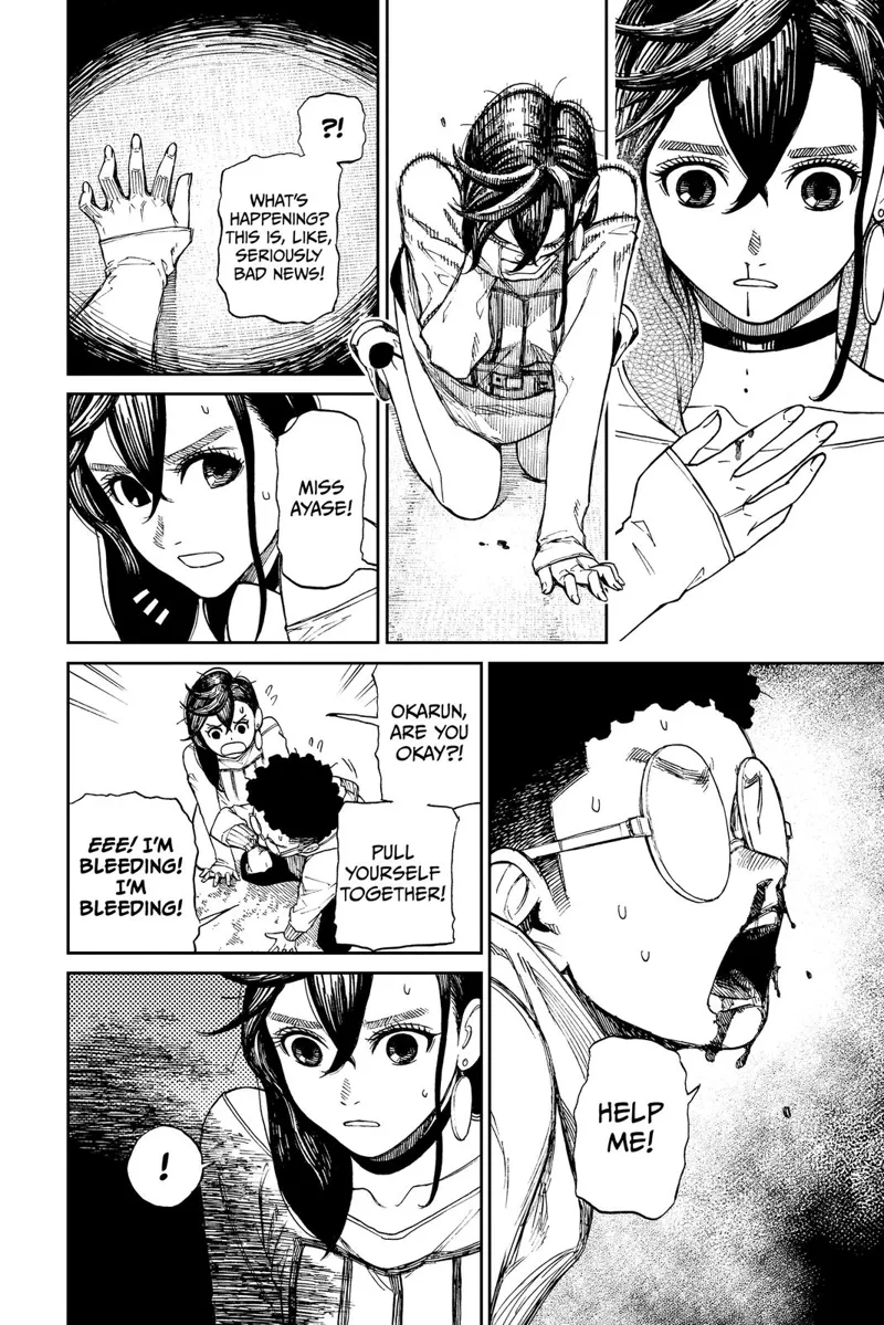 Ayase kneels after seeing blood from her nose. Okarun's nose is also bleeding.