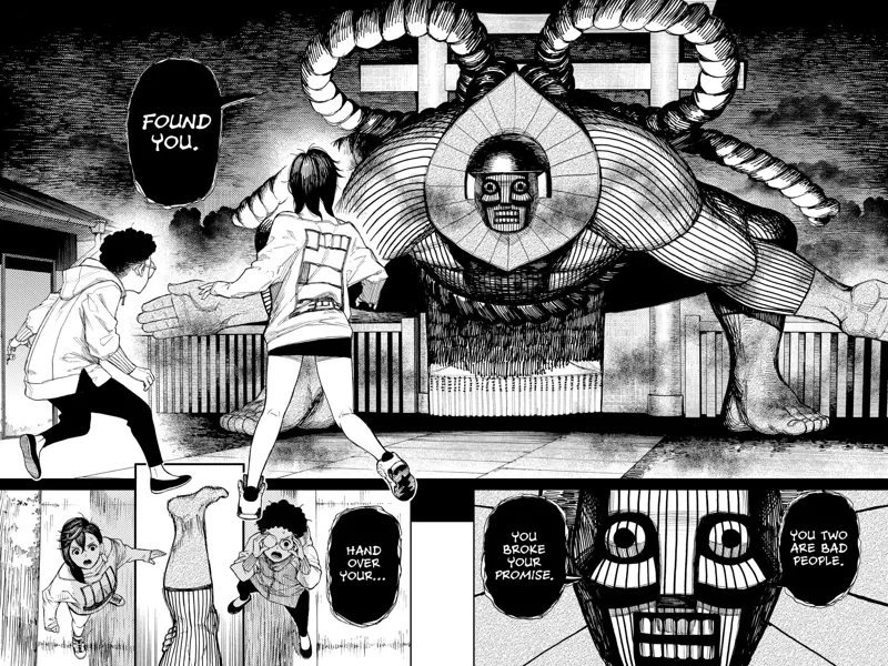 A giant person-like creature in a sumo stance, with ropes behind him, appears before Ayase and Okarun.