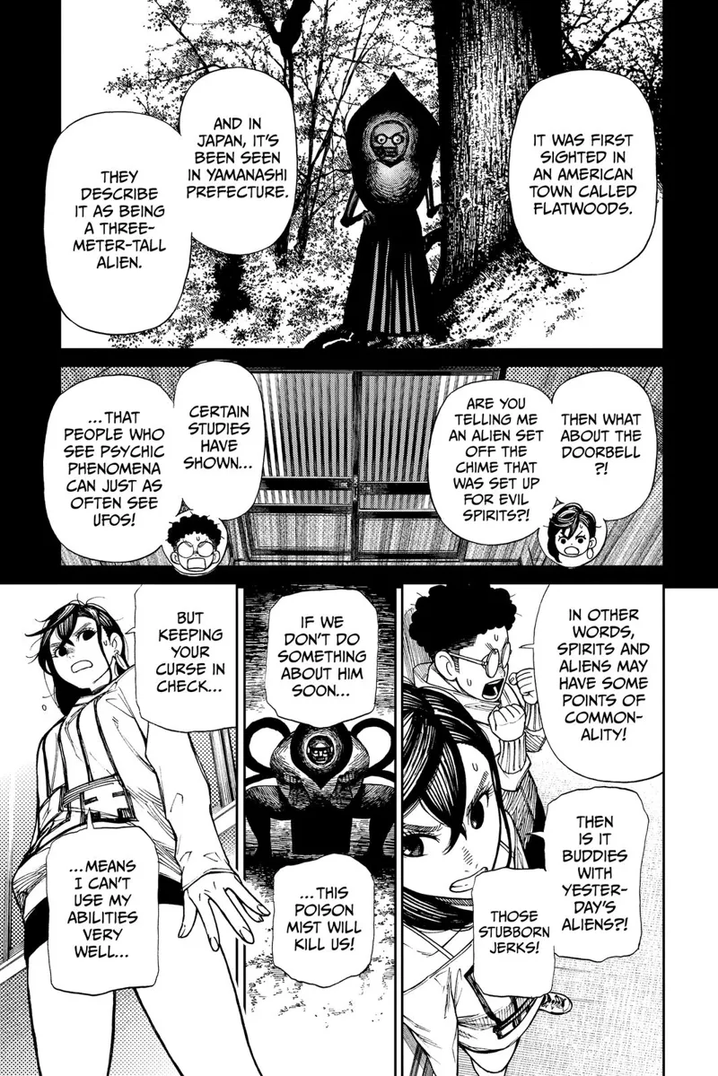 Okarun explains the sightings of the Flatwoods Monster in America and Japan. Ayase and Okarun plan to defeat it.