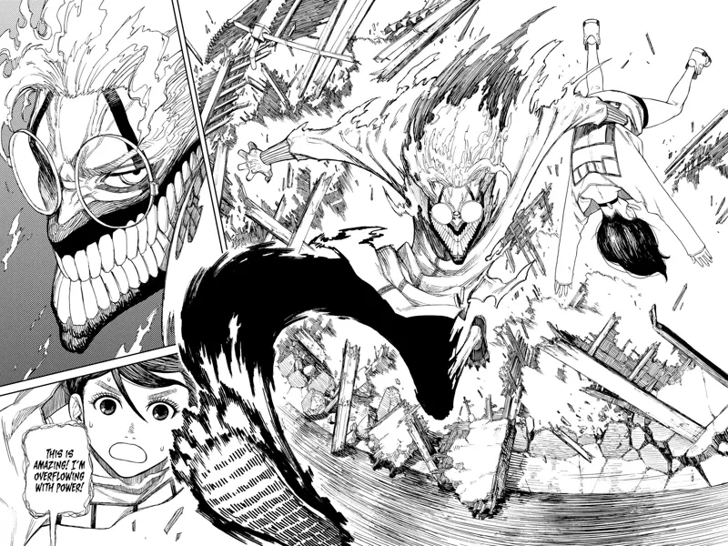 Okarun picks up Ayase as they evade the alien's attack. Okarun is transformed but fully conscious and in control.