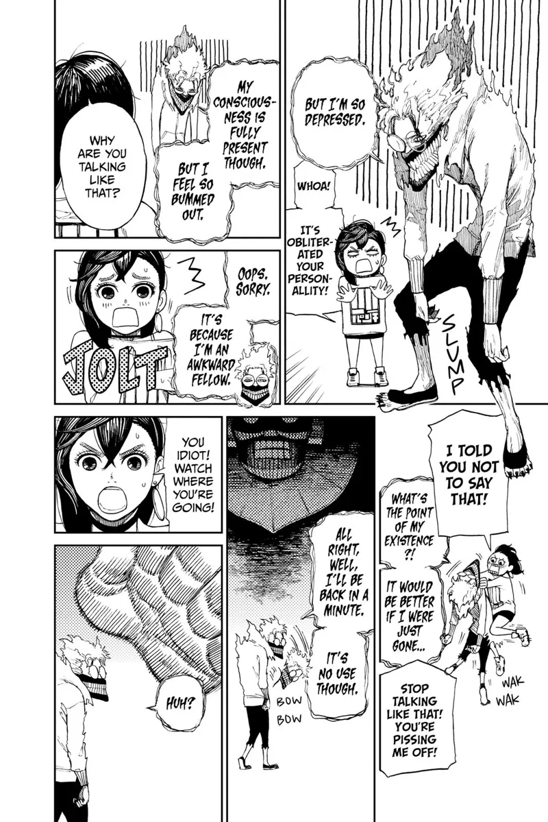 Cursed Okarun stands but feels depressed. The alien attacks him with a palm strike.