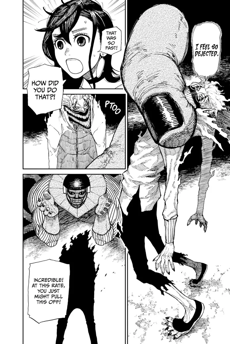 Cursed-Okarun bites the huge finger. Ayase is surprised how cursed-Okarun did it.