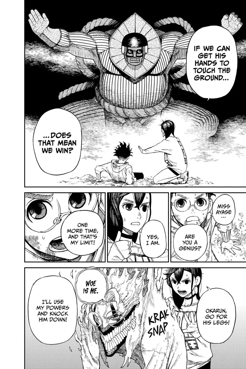 Okarun transforms back into cursed Okarun as they face the alien. They plan to make the alien's hands touch the ground.