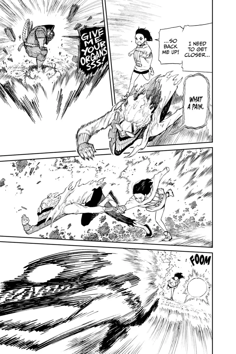 Cursed-Okarun and Ayase dash forward as the alien stomps the ground to attack them. They evade, and Cursed-Okarun speeds up.