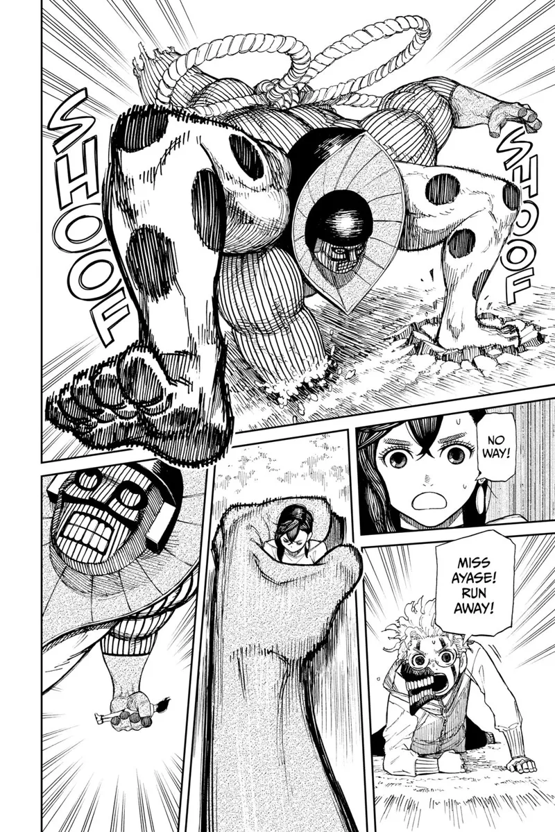 Suddenly, two more legs grew out of the alien's body. The alien grabs Ayase and throws her upwards. Okarun returns to normal.