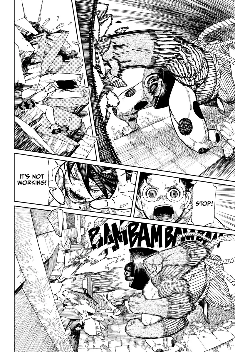 The alien monster delivers powerful punches to Ayase, still stuck in the wall.