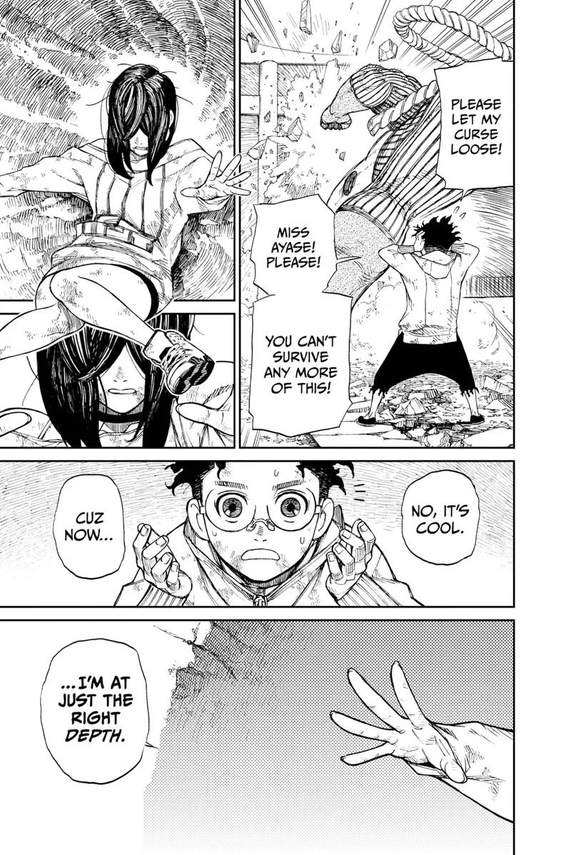 Okarun tells Ayase to let his curse loose. Ayase extends her arm, telling Okarun it's just the right depth.