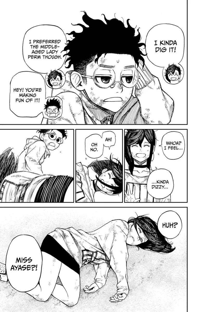 Ayase notices Okarun's hair transformation again. She smiles, feels dizzy, and suddenly collapses.