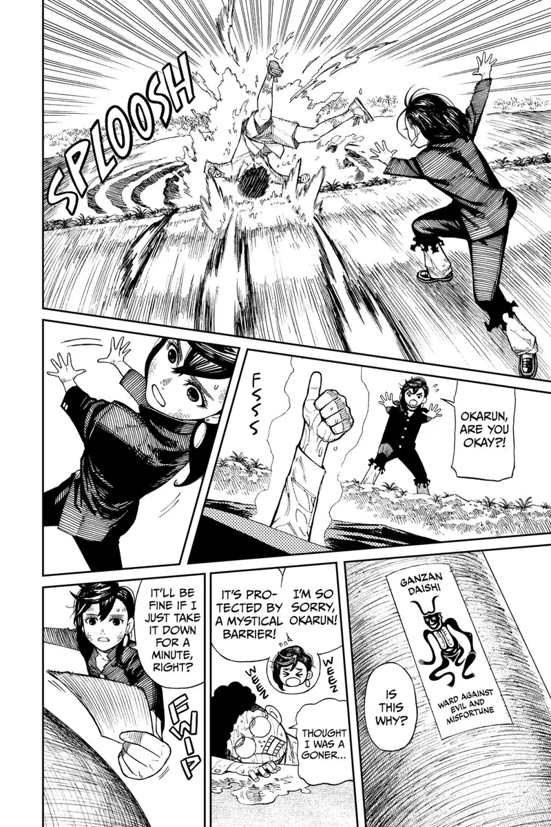 Ayase throws Okarun to the river, and Okarun makes a thumbs-up sign. Ayase sees a sticker seal and takes it out.