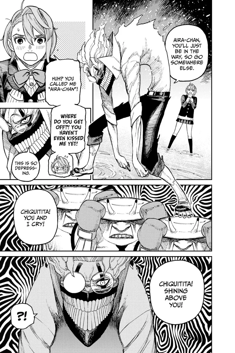 Okarun tells Aira to go somewhere else as he tries to fight the monster boxer, who is now singing "Chiquitita."