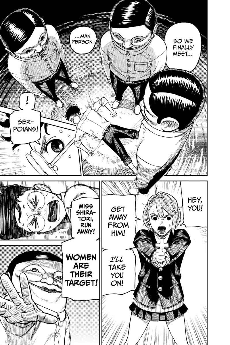 Three Serpoians appear & surround Okarun, who has returned to human form. Aira takes out her cross. Okarun tells her to run.