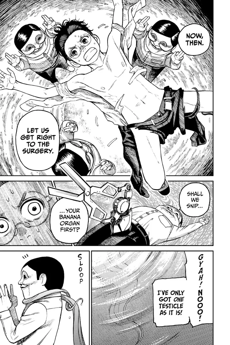 The three Serpoians lift Okarun. One of them takes out scissors from his genitals. Suddenly, a hair wraps his neck.