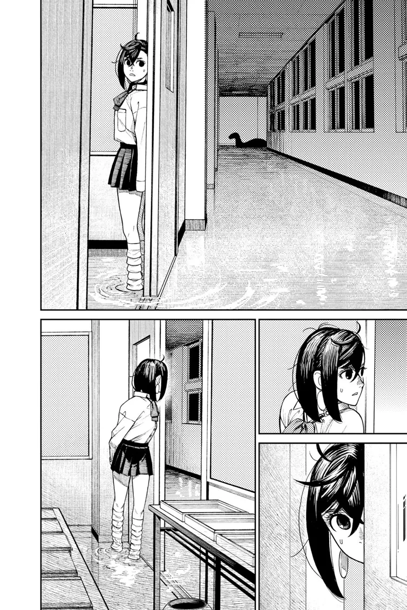 Momo goes inside the classroom and hides behind a door. She takes a peek at the monster.
