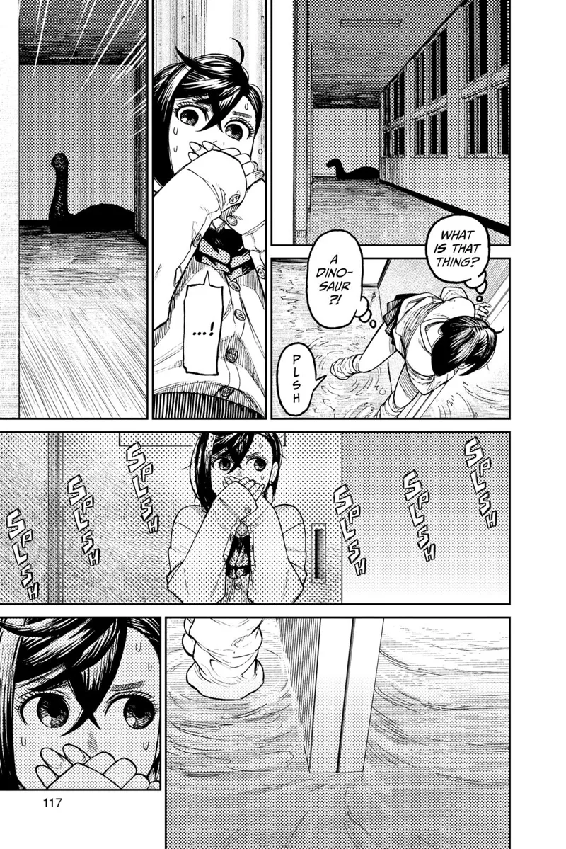 Momo thinks it's a dinosaur. The monster turns towards her. Momo stands still, covering her mouth.