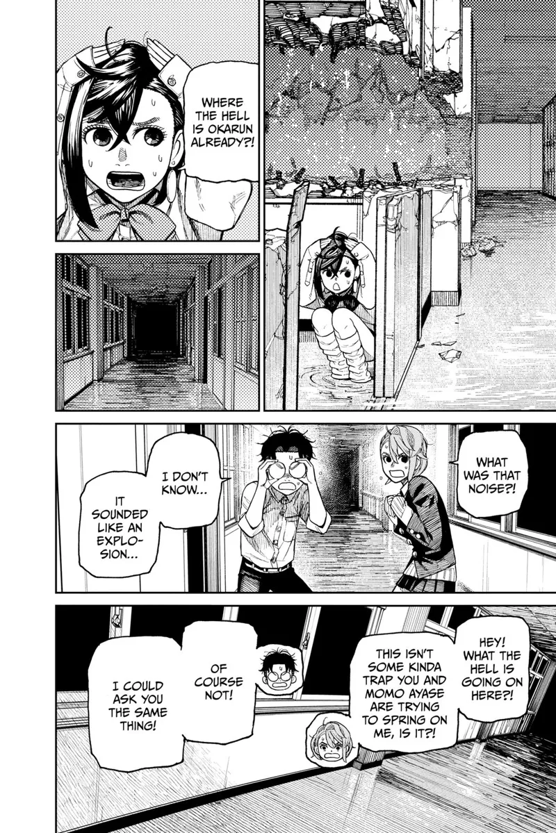 Momo ducks and covers her head as she manages to evade the attack. Okarun and Aira hear the commotion and wonder.