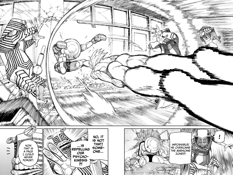 Okarun suddenly bursts out of the enemy's "Awesome Zone." He hits the monster boxer and knocks him down to a wall.