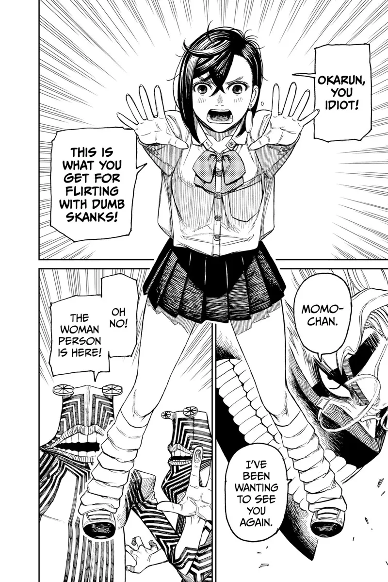 Momo appears and extends her arms to help Okarun. Okarun changes into a cursed form, and the Serpoians panic.