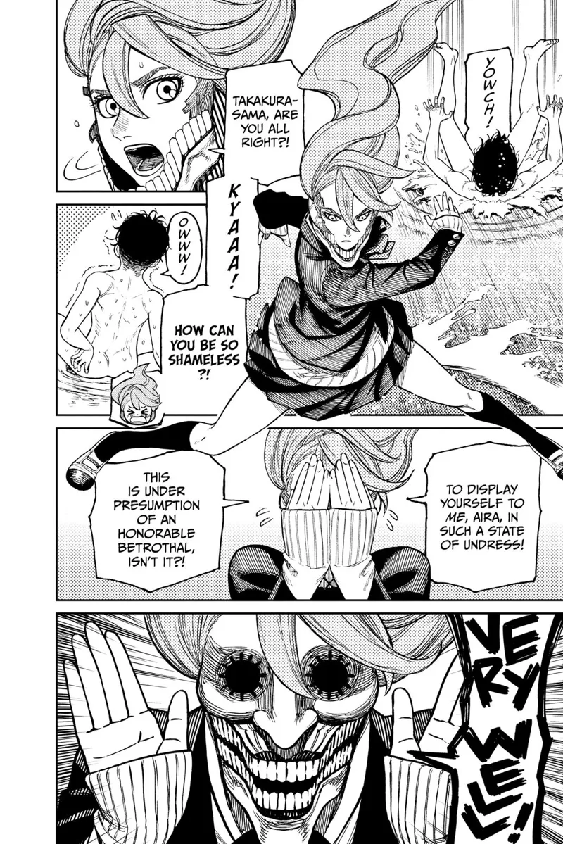 Okarun falls and cursed Aira sees him naked! She puts her hands on her face and gets excited.