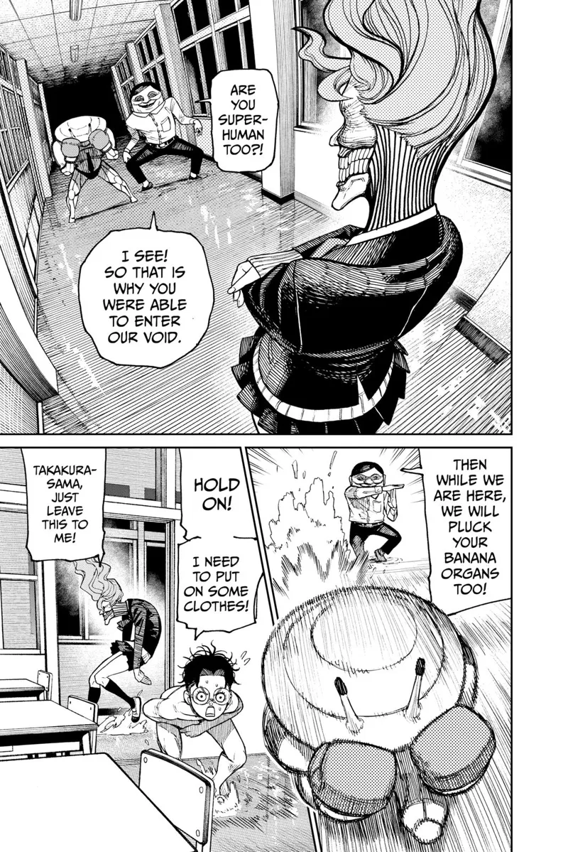 Cursed Aira stands before the boxer monster and the remaining Serpoian. The boxer attacks her while Okarun finds his clothes.