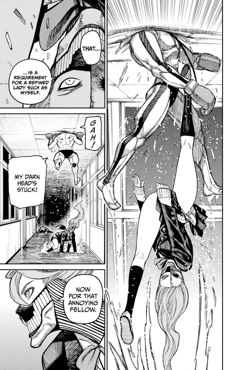 Cursed Aira kicks the monster boxer upwards, and his head gets stuck in the ceiling. Cursed Aira is looking for the Serpoian.