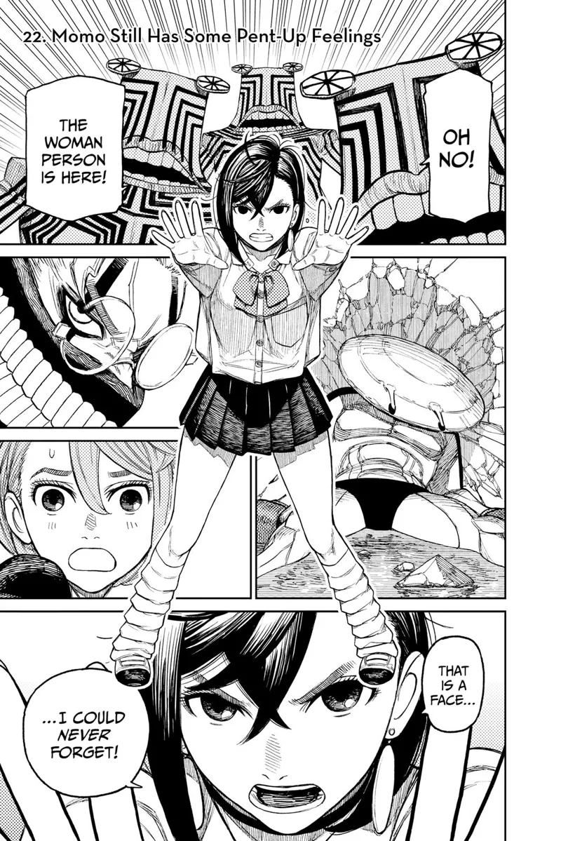 Momo extends her arm and fights the three Serpoians. The monster boxer is unconscious. Cursed Okarun and Aira watches her.