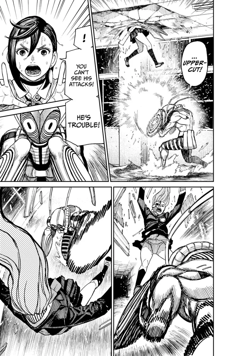 Cursed Aira gets stuck to the ceiling after the businessman punches her. Cursed Aira comes down, but the monster awaits.