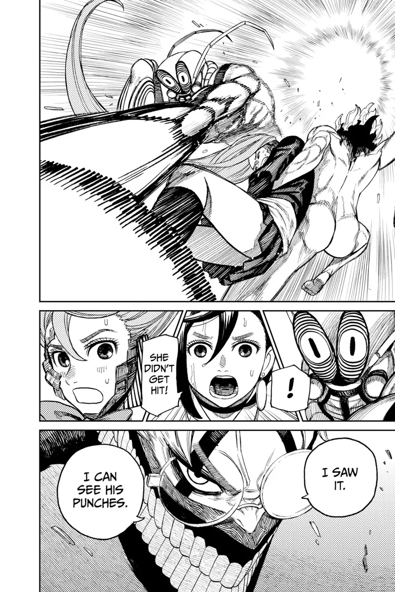 Cursed Okarun swiftly saves Aira from getting hit by the enemy's punch. Cursed Okarun says he can see his punches.