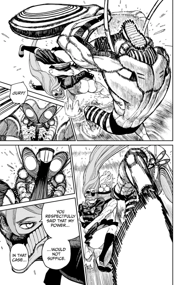 Cursed Aira lands a kick on the enemy's head. He coughs and counters. Okarun and Aira dodge and land another kick.