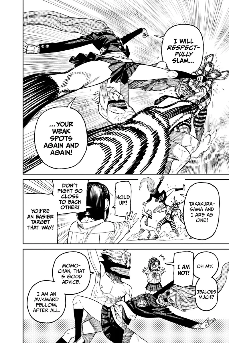 Cursed Aira keeps kicking the enemy while cursed Okarun helps her dodge. Momo tells them not to fight too close.