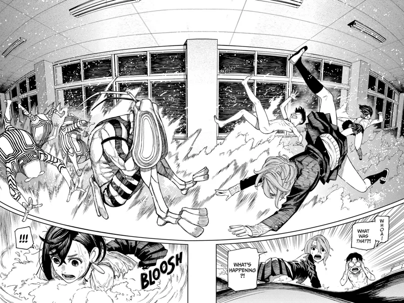 The building suddenly shakes, and the water splashes everywhere. Everyone gets outbalanced.