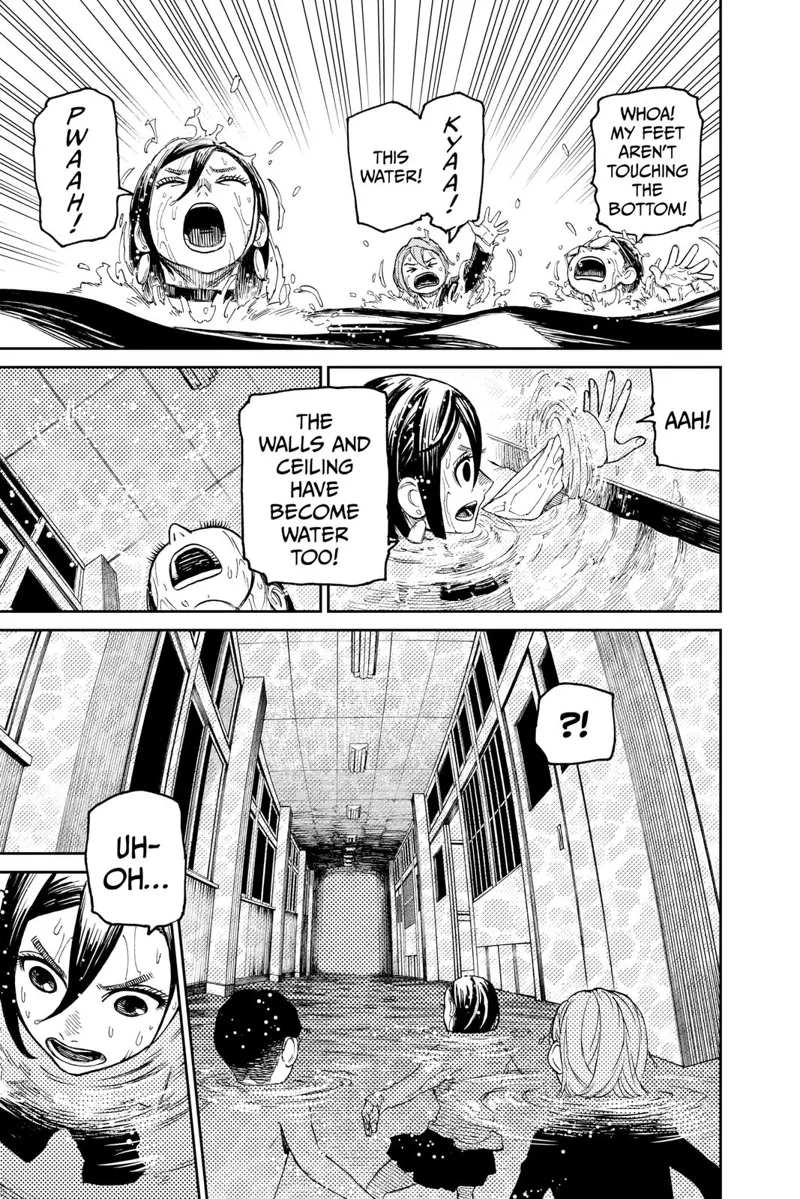 Okarun, Aira, and Momo climb to the water's surface. They notice a wall ahead of them.