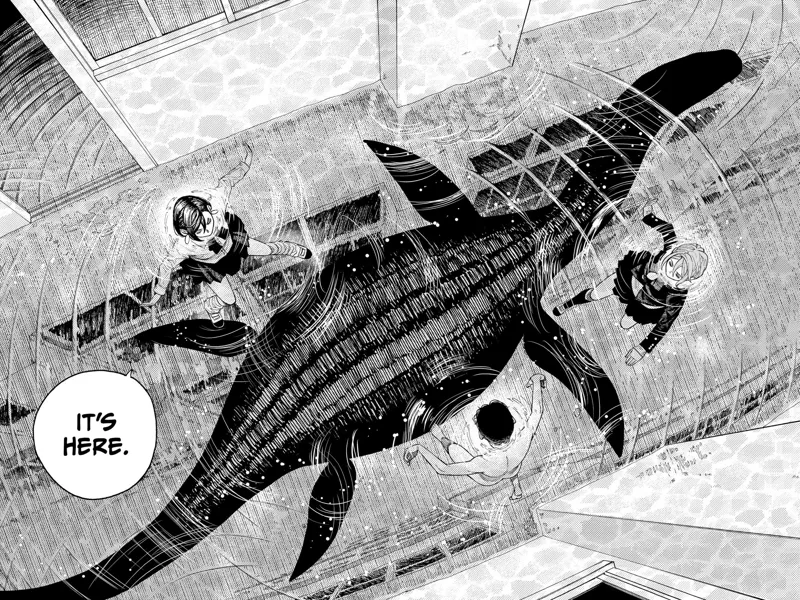 A huge monster dinosaur appears, swimming below them underwater.