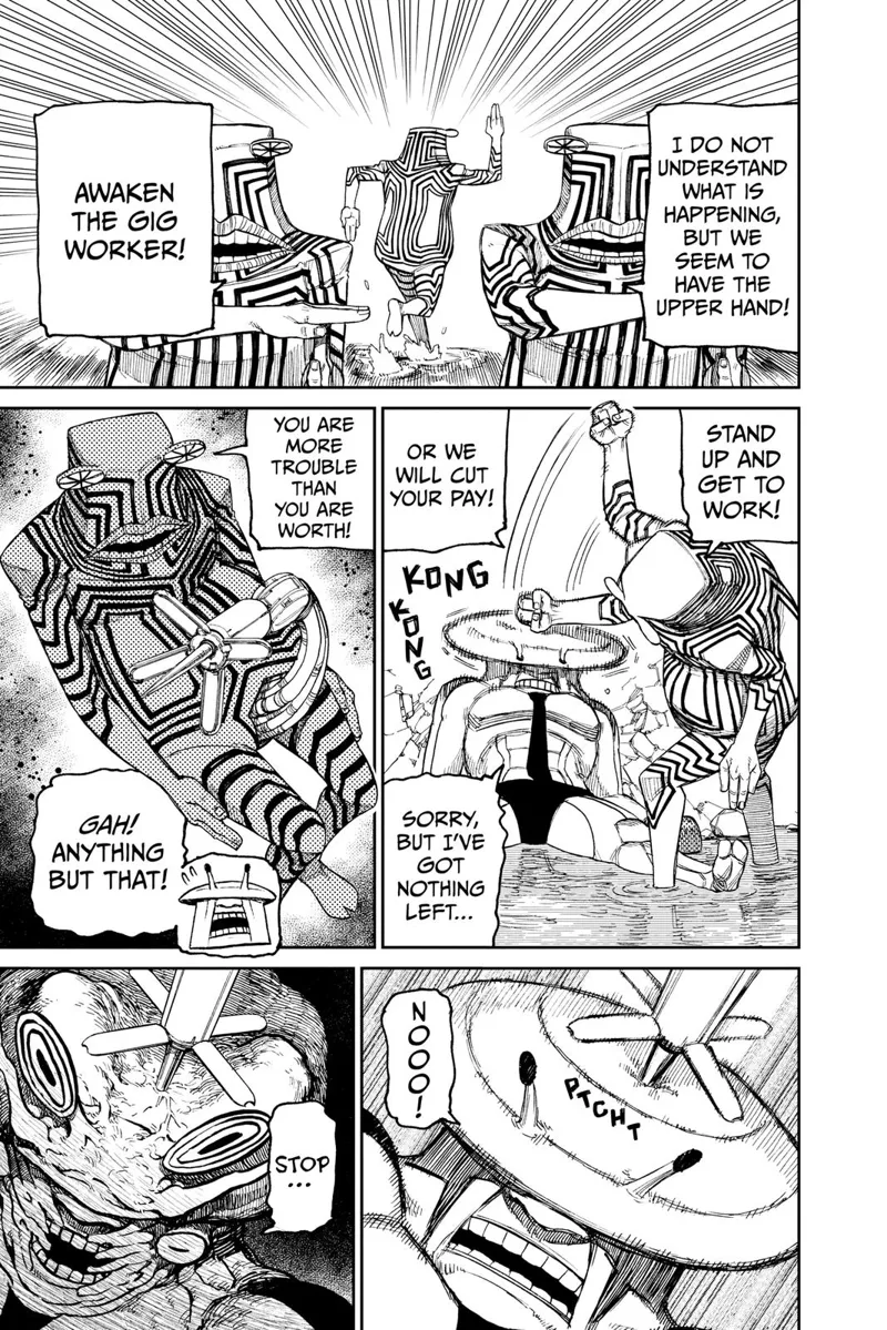 One of the Serpoians punches the monster boxer, but he has no energy left, so the Serpoian stabs the boxer in the head.