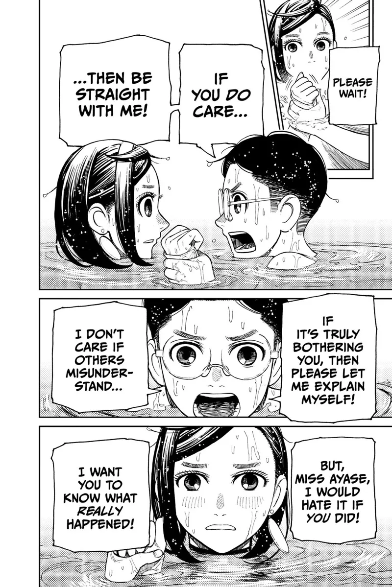 Okarun holds Momo's arms and faces her, wanting to reveal what truly happened between him and Aira.