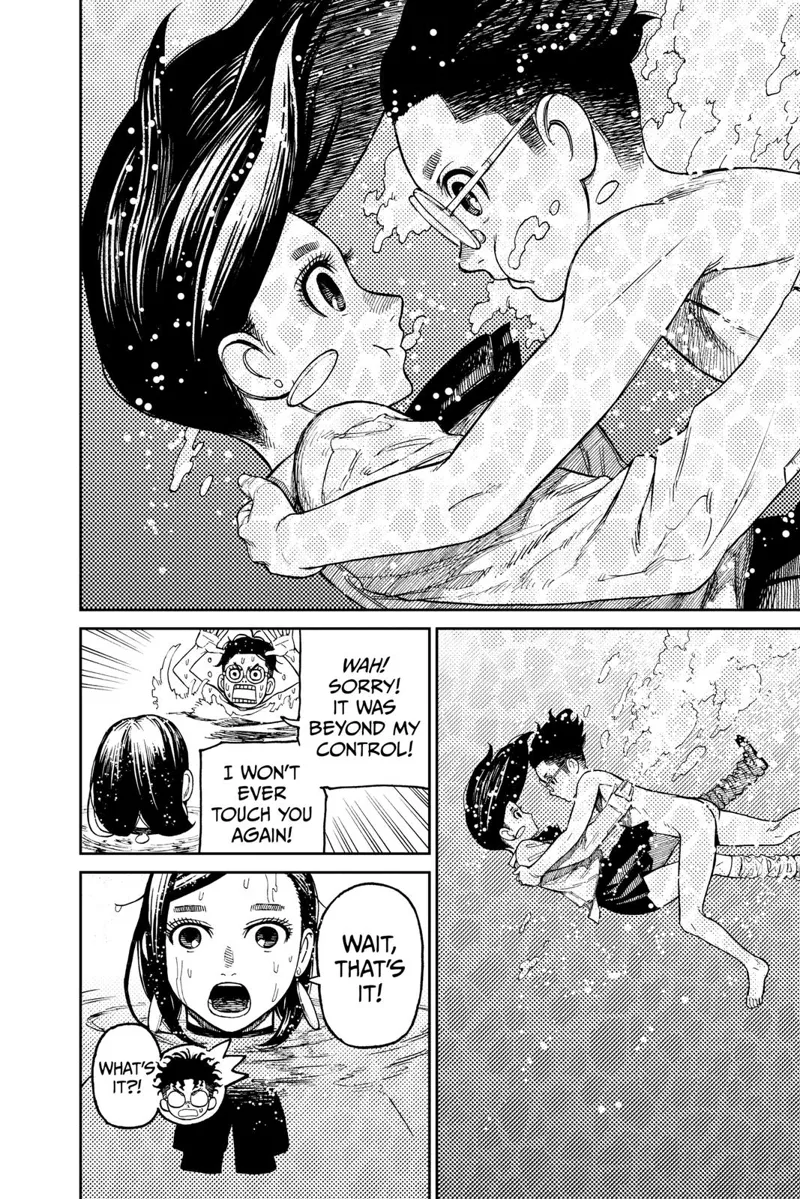 Okarun and Momo hug while underwater. Okarun distances back after getting to the surface.