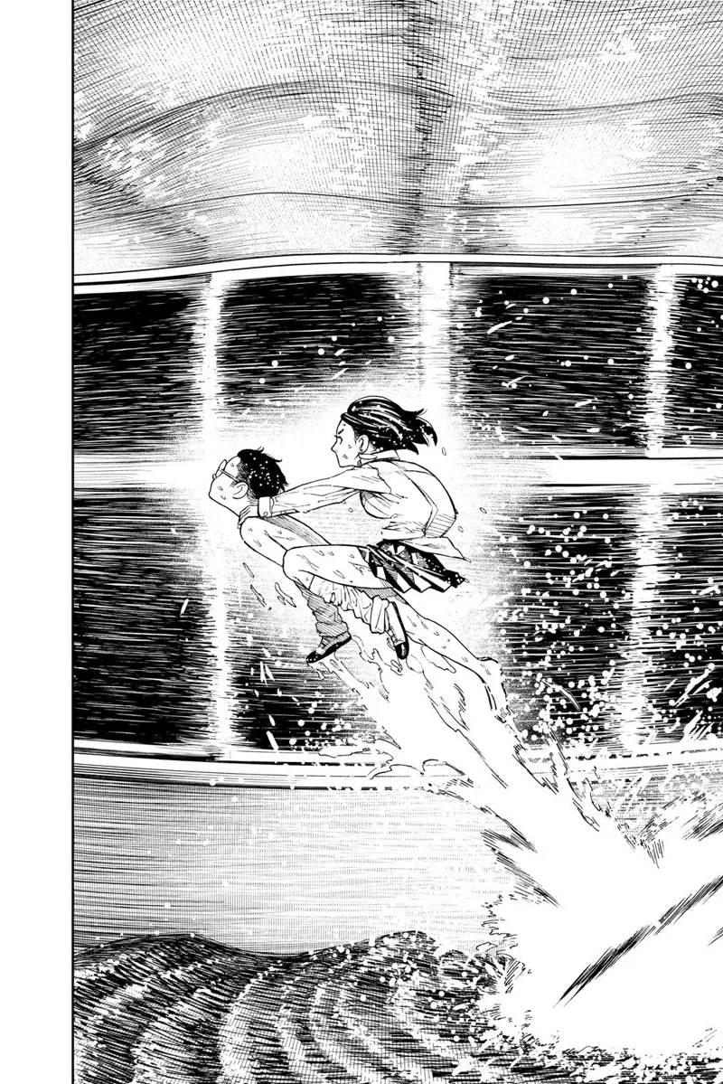 Momo and Okarun jump out of the water and head to the ceiling diagonally.