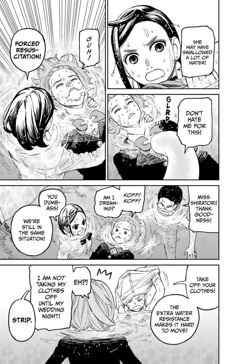 Momo resuscitates Aira, who wakes up and coughs water. Momo takes off her clothes in front of Aira.