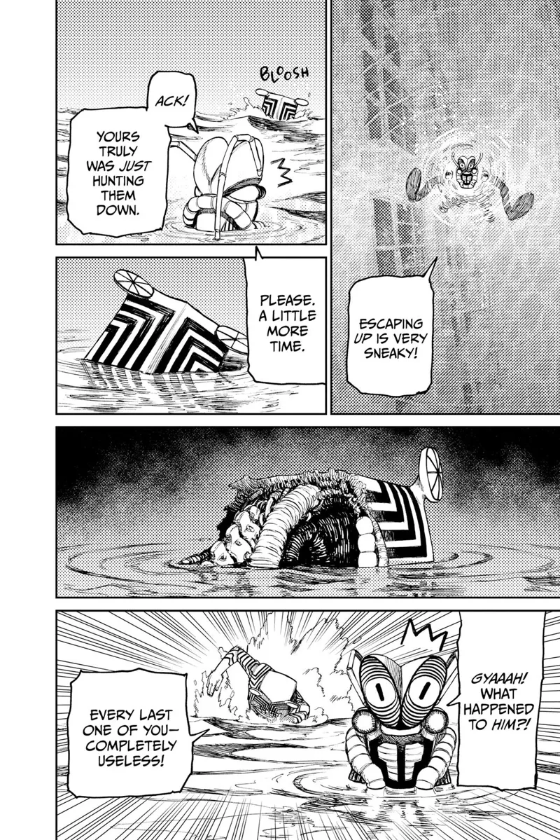 The mantis shrimp monster notices one of the Serpoians dead, and another one swimming behind him.