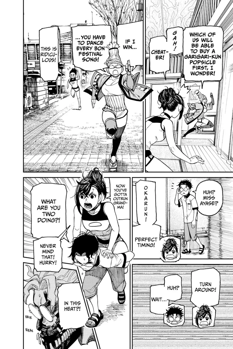 Momo and Grandma starts racing and running outside. Momo mets Okarun and rides at his back.