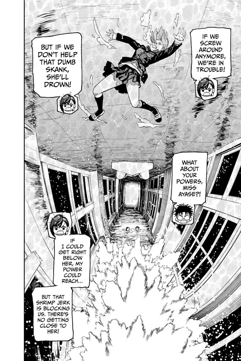 Aira is drowning above them while Momo and Okarun keep swimming.