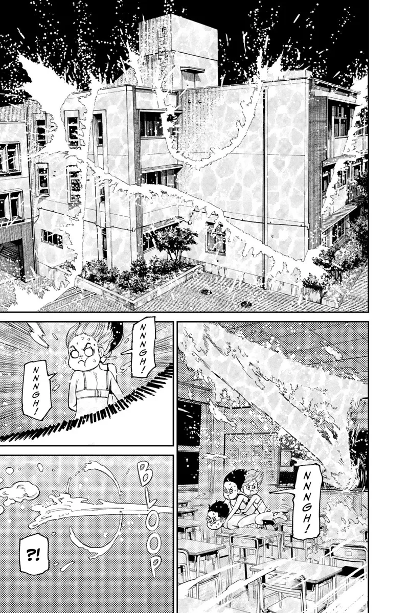 As seen from outside, the building is slashed all over. Okarun, Aira, and Momo dodge the blast.