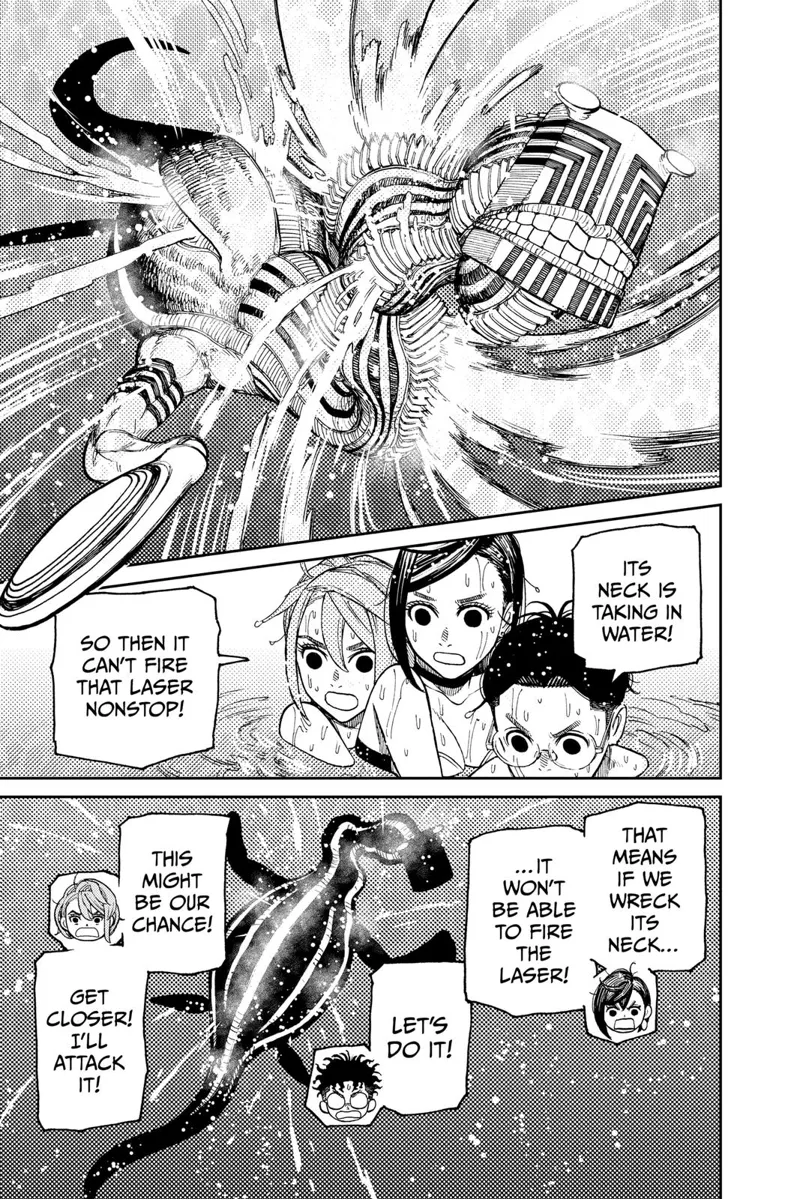 Okarun, Aira, and Momo see the monster taking in water through its neck. They plan to attack it.