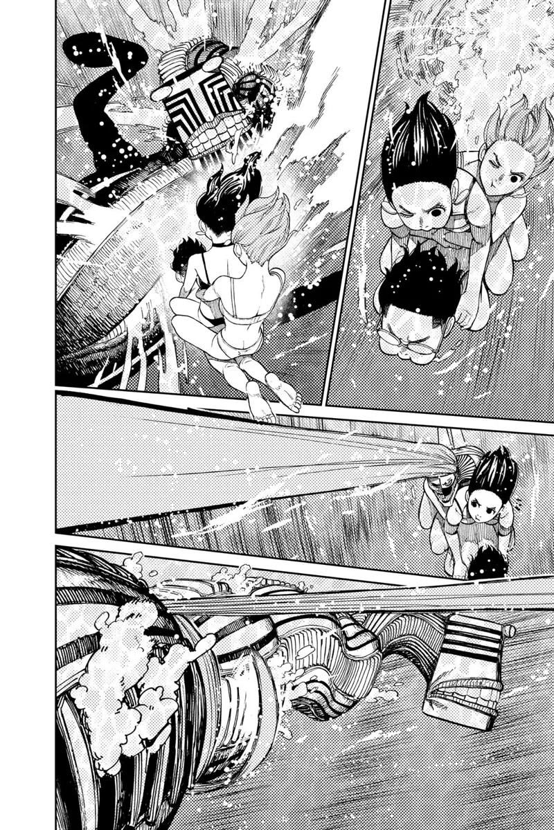 Okarun, Aira, and Momo dive to the monster. Aira stretches her hair and grabs the monster's neck.