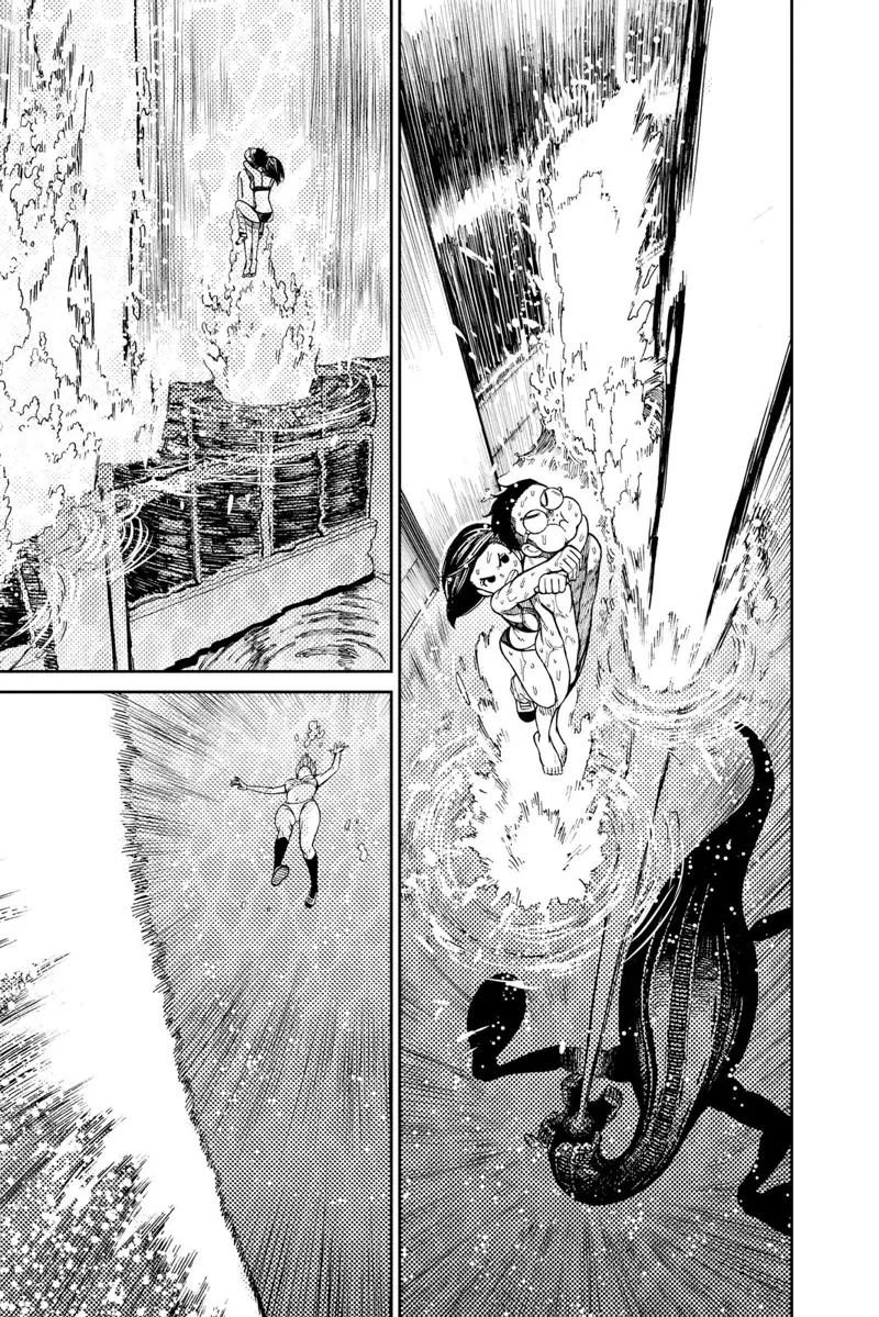 Momo and Okarun jump to save Aira while Serpo Dover Demon Nessie fires its beam.